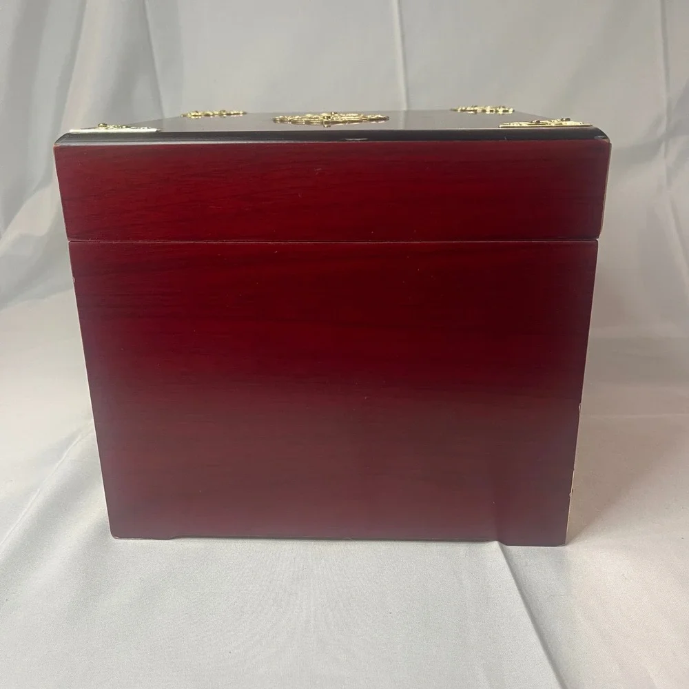 Korean Wooden Jewelry Box Mahogany Finish Gold Brass Hardware Calligraphy Lining